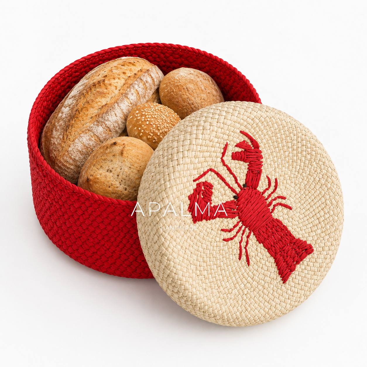 Handwoven Red Lobster / Blue Crab Fruit Basket with Lid, Coastal Tabletop Decor
