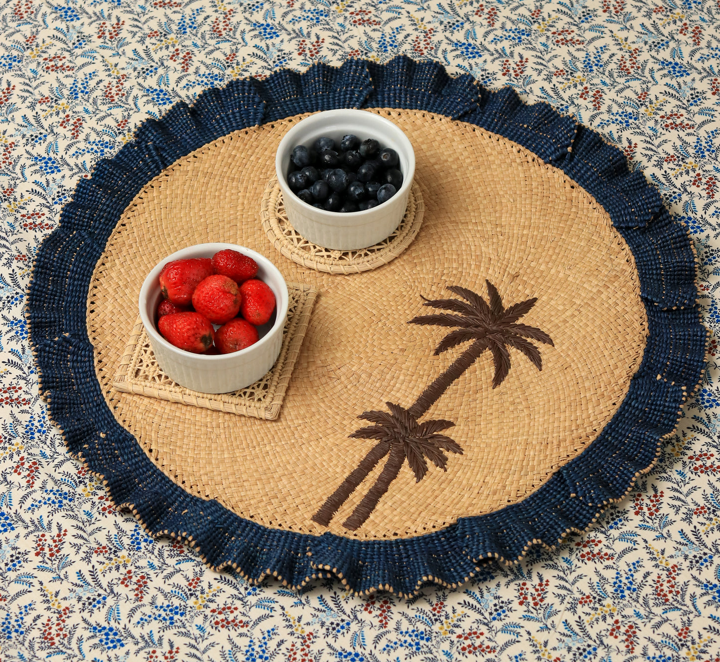 Moonlight Wave Ruffle Placemat Set of 2 | Palm Tree Coastal Decor | Handwoven Natural Fiber Table Setting