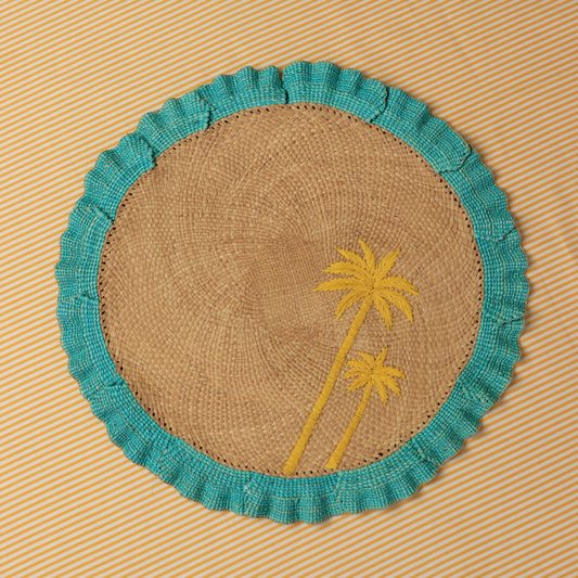 Round woven coaster with palm tree , ruffle charger plate for summer table decor