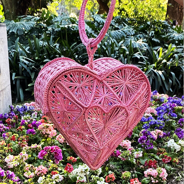 Straw Bag - Iraca Palm Handbag, Top Handle Purse - Heart Basket Pale Rose
