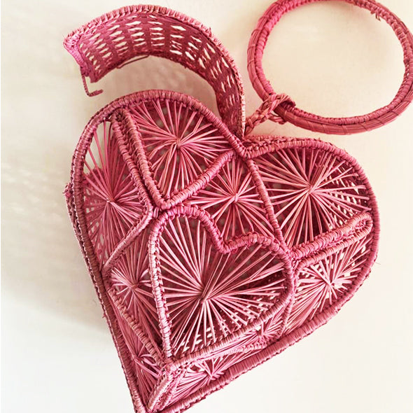Straw Bag - Iraca Palm Handbag, Top Handle Purse - Heart Basket Turquoise
