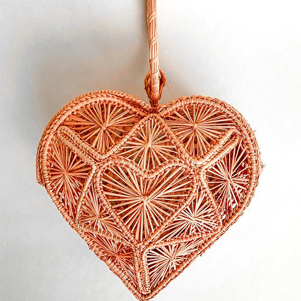 Heart Basket Bag Peach Mini - Straw Bag - Handmade Bag Iraca Palm, Top Handle Purse