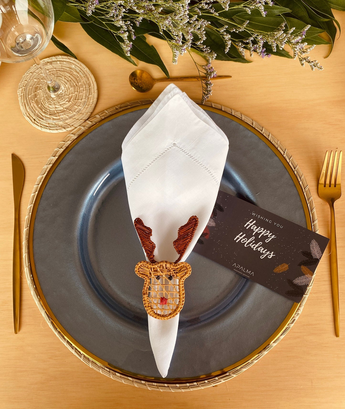 Reindeer Napkin Holder - Holiday Edition, Iraca Palm, 100% handmade napkin ring for christmas table decor