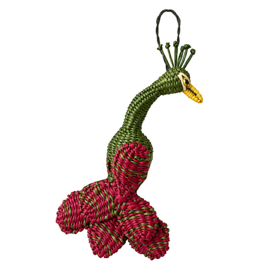 The Enchanted Peacock – Cranberry | Handwoven Iraca Palm Christmas Ornament