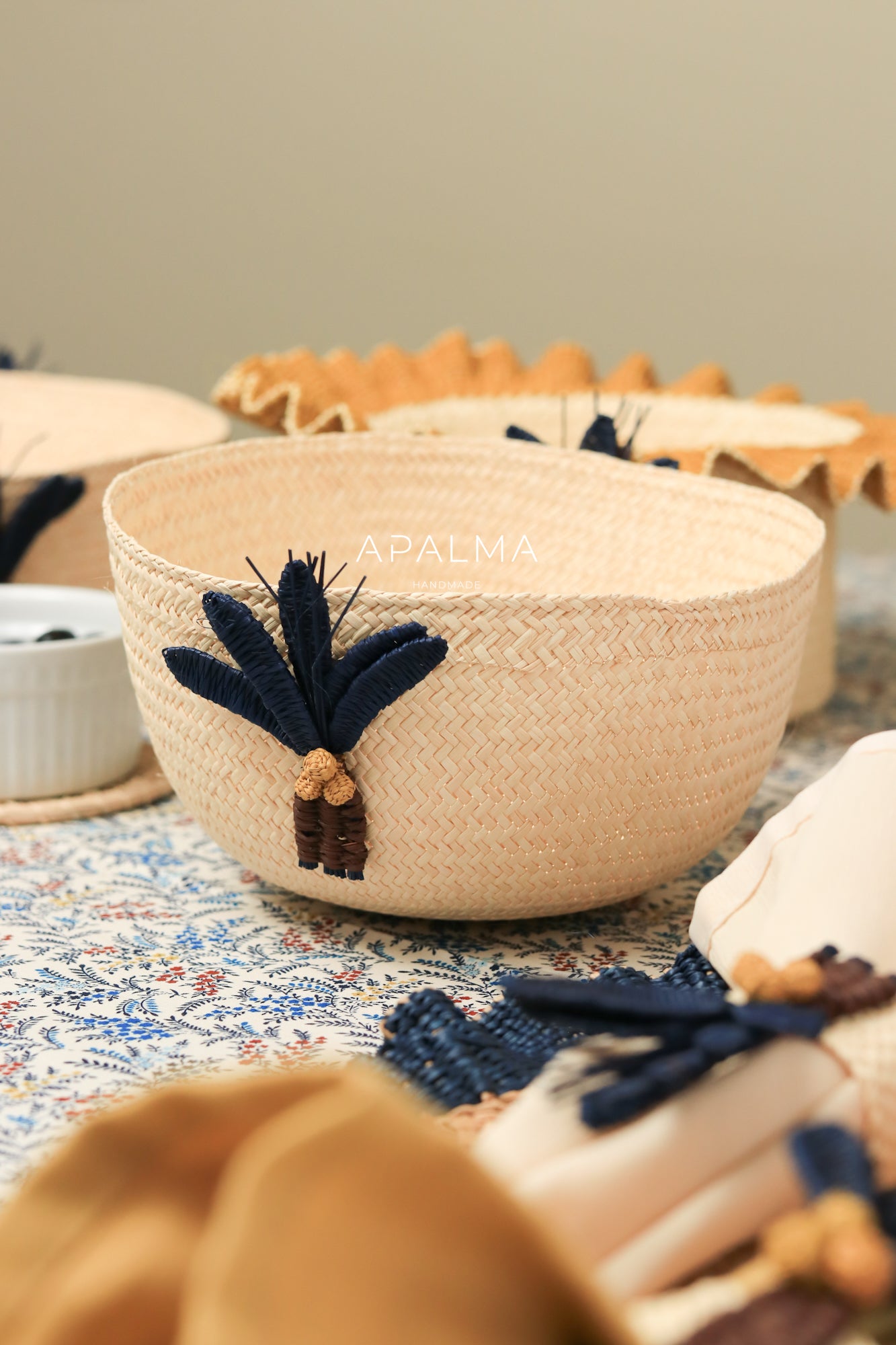 Palm Tree Basket for summer tablescapes, artisan made.