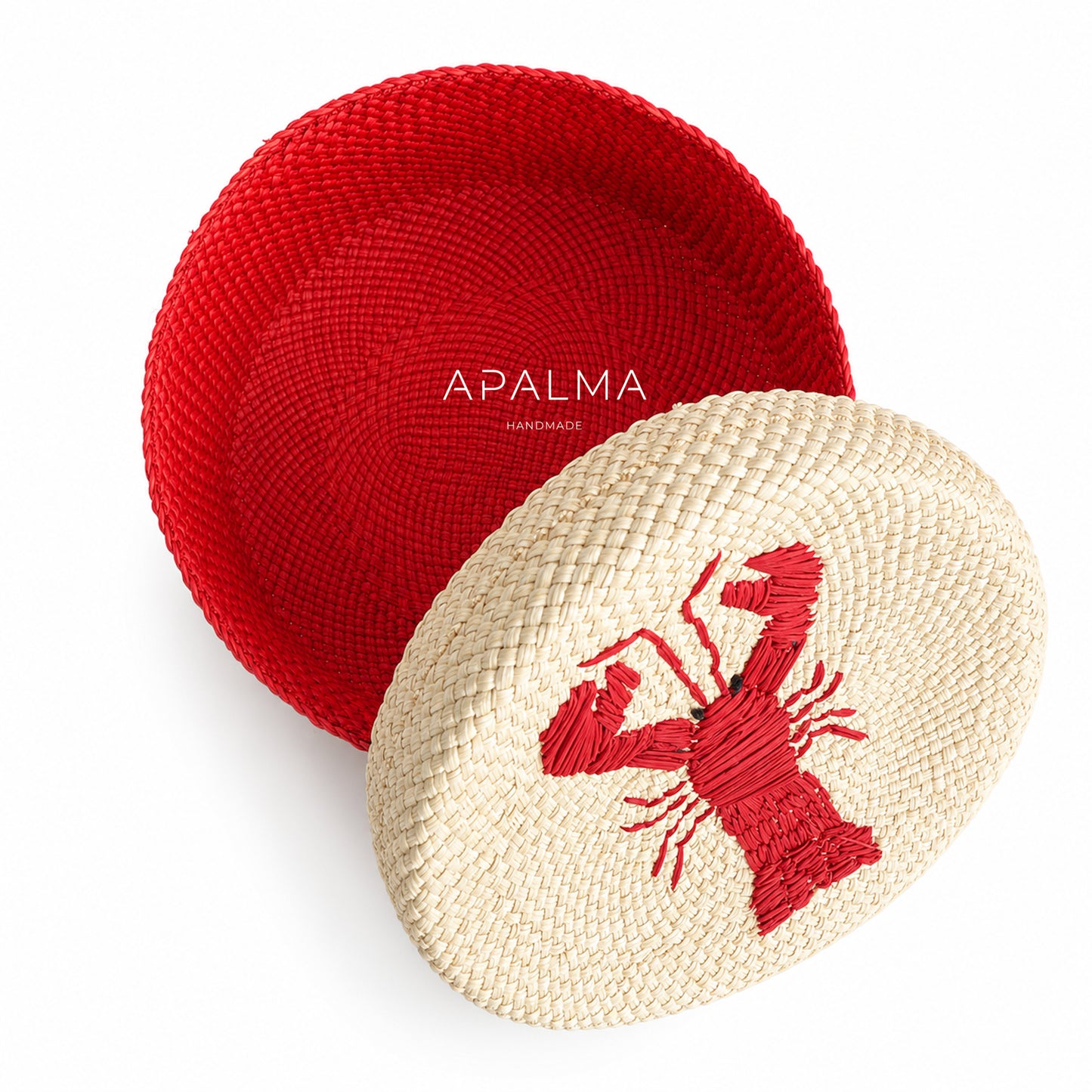 Handwoven Blue Crab / Red Lobster Fruit Basket with Lid, Coastal Tabletop Decor