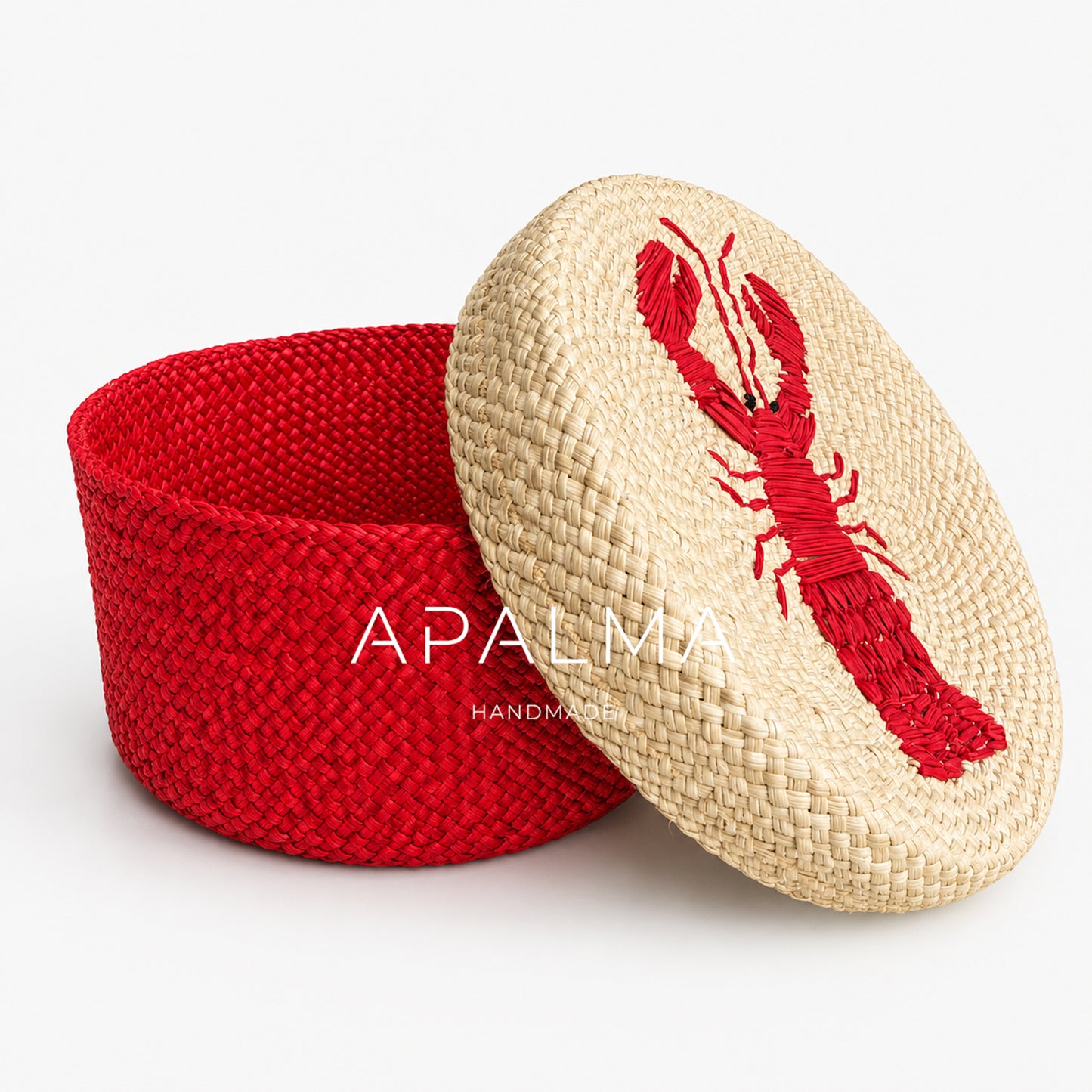 Handwoven Blue Crab / Red Lobster Fruit Basket with Lid, Coastal Tabletop Decor