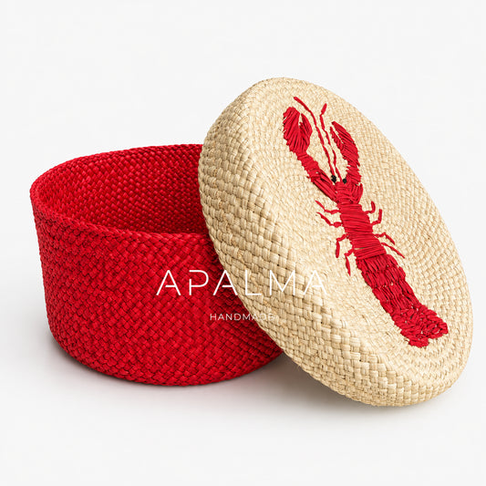 Handwoven Red Lobster / Blue Crab Fruit Basket with Lid, Coastal Tabletop Decor