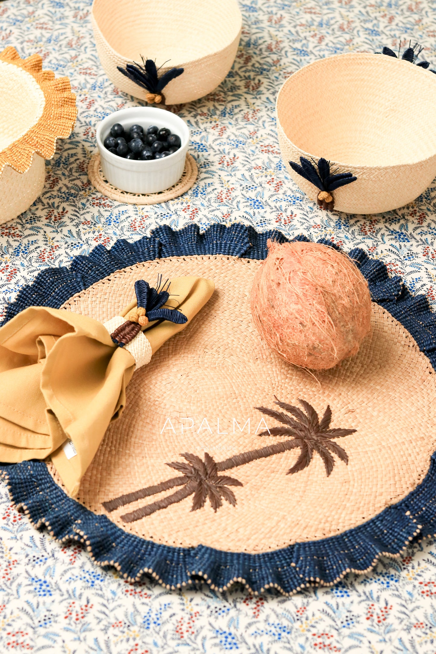 Moonlight Wave Ruffle Placemat Set of 2 | Palm Tree Coastal Decor | Handwoven Natural Fiber Table Setting