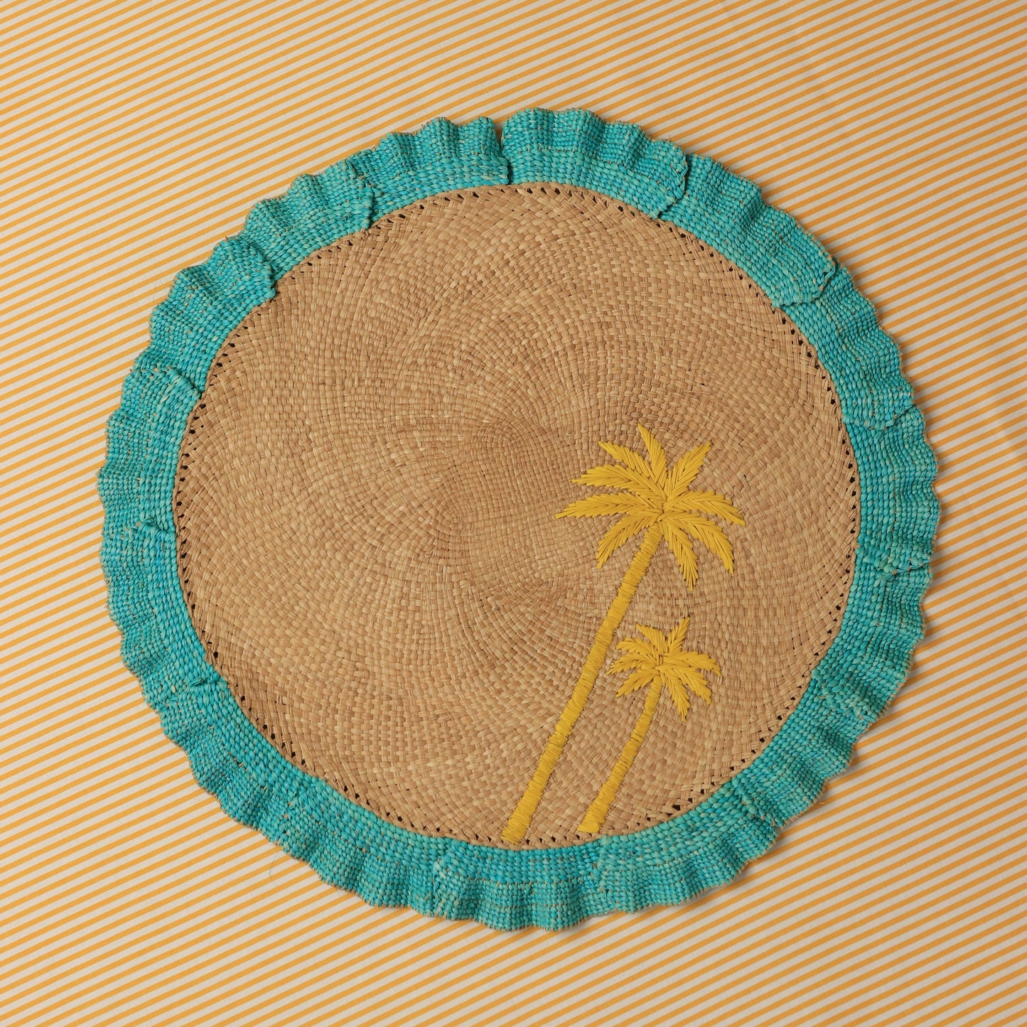 Round woven coaster with palm tree , ruffle charger plate for summer table decor
