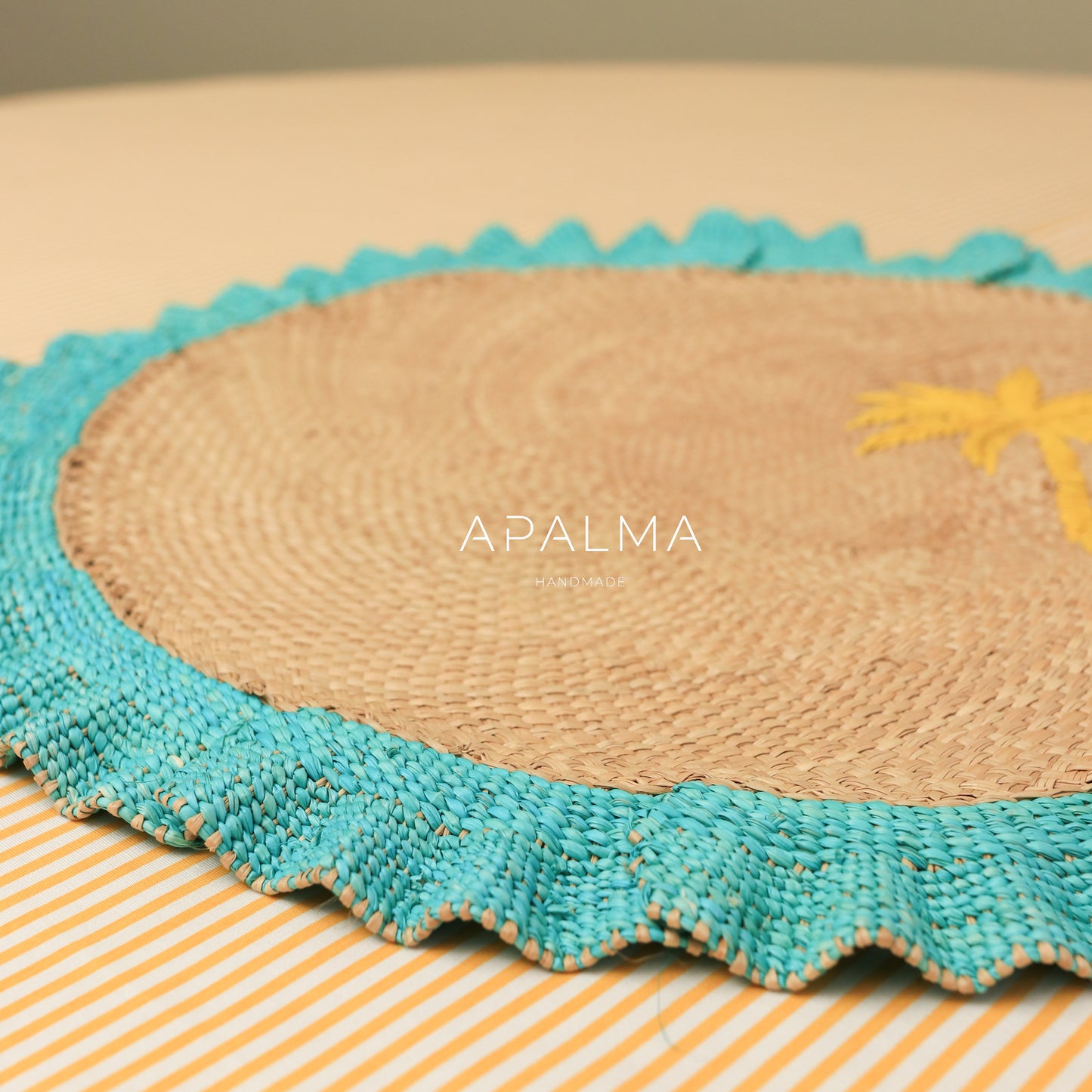 Sunrise Wave Ruffle Placemat Set of 2 | Tropical Palm Decor | Turquoise Coastal Table Setting | Handwoven Natural Fiber