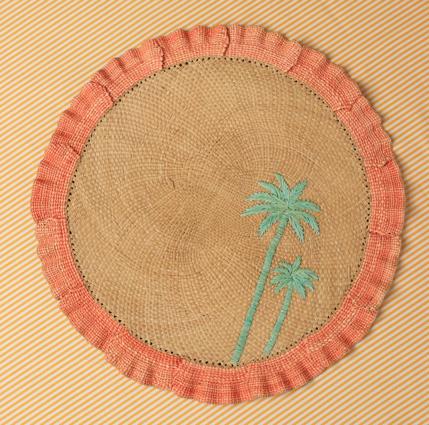 Sunset Wave Ruffle Placemat Set of 2 | Coral Coastal Decor | Palm Tree Table Setting | Artisan Handwoven Fiber