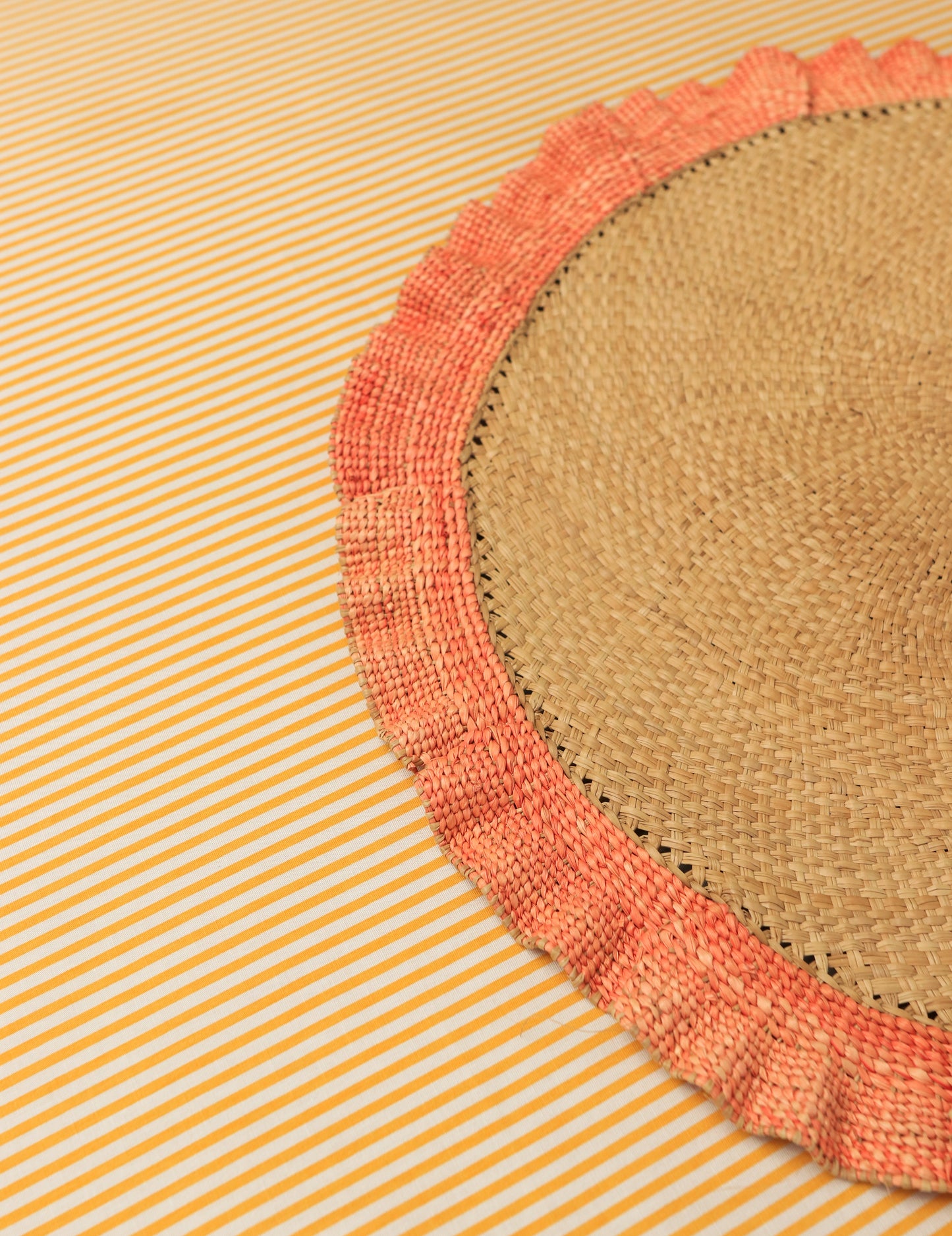 Sunset Wave Ruffle Placemat Set of 2 | Coral Coastal Decor | Palm Tree Table Setting | Artisan Handwoven Fiber