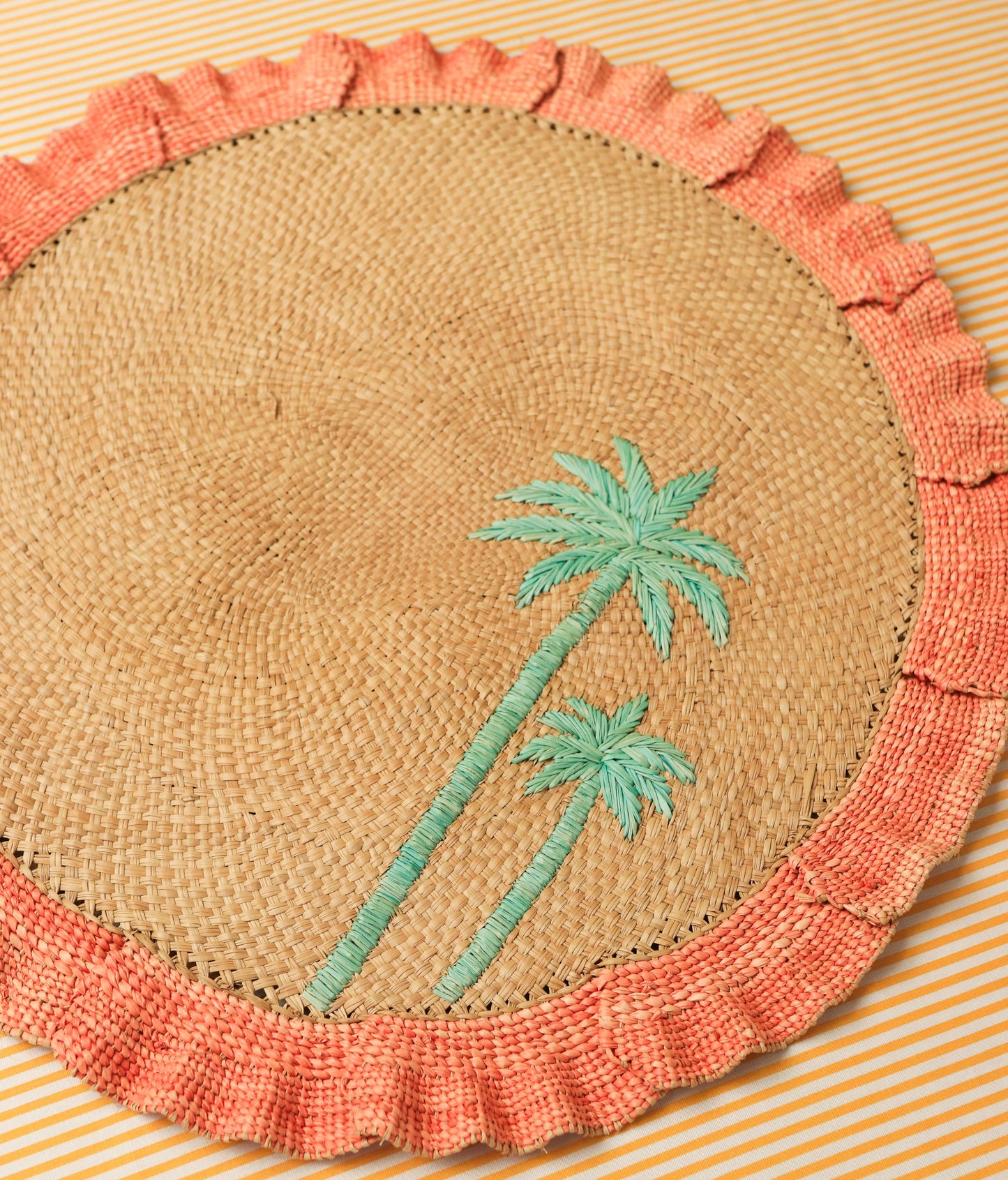 Sunset Wave Ruffle Placemat Set of 2 | Coral Coastal Decor | Palm Tree Table Setting | Artisan Handwoven Fiber