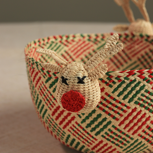 Rudolph Woven Basket Handmade in Iraca Palm for Christmas decor, rustic centerpiece