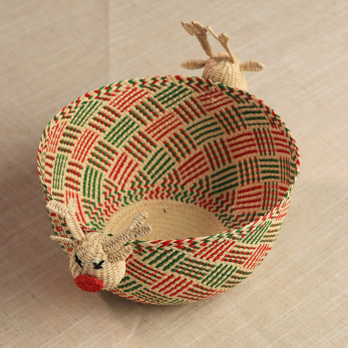 Rudolph Woven Basket Handmade in Iraca Palm for Christmas decor, rustic centerpiece