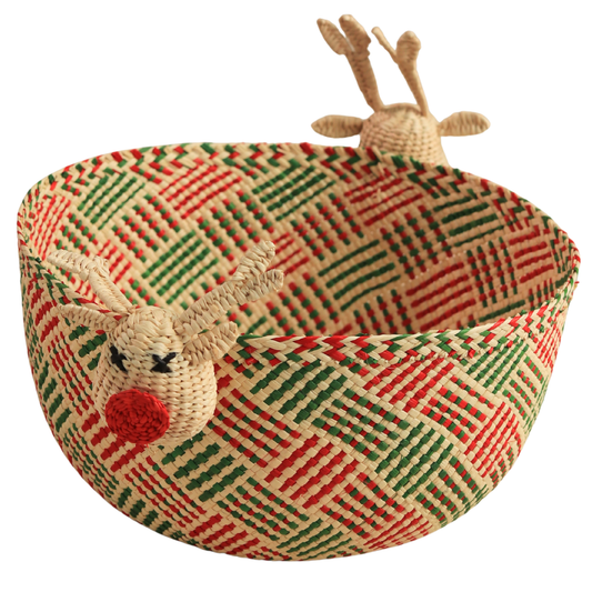 Rudolph Woven Basket Handmade in Iraca Palm for Christmas decor, rustic centerpiece