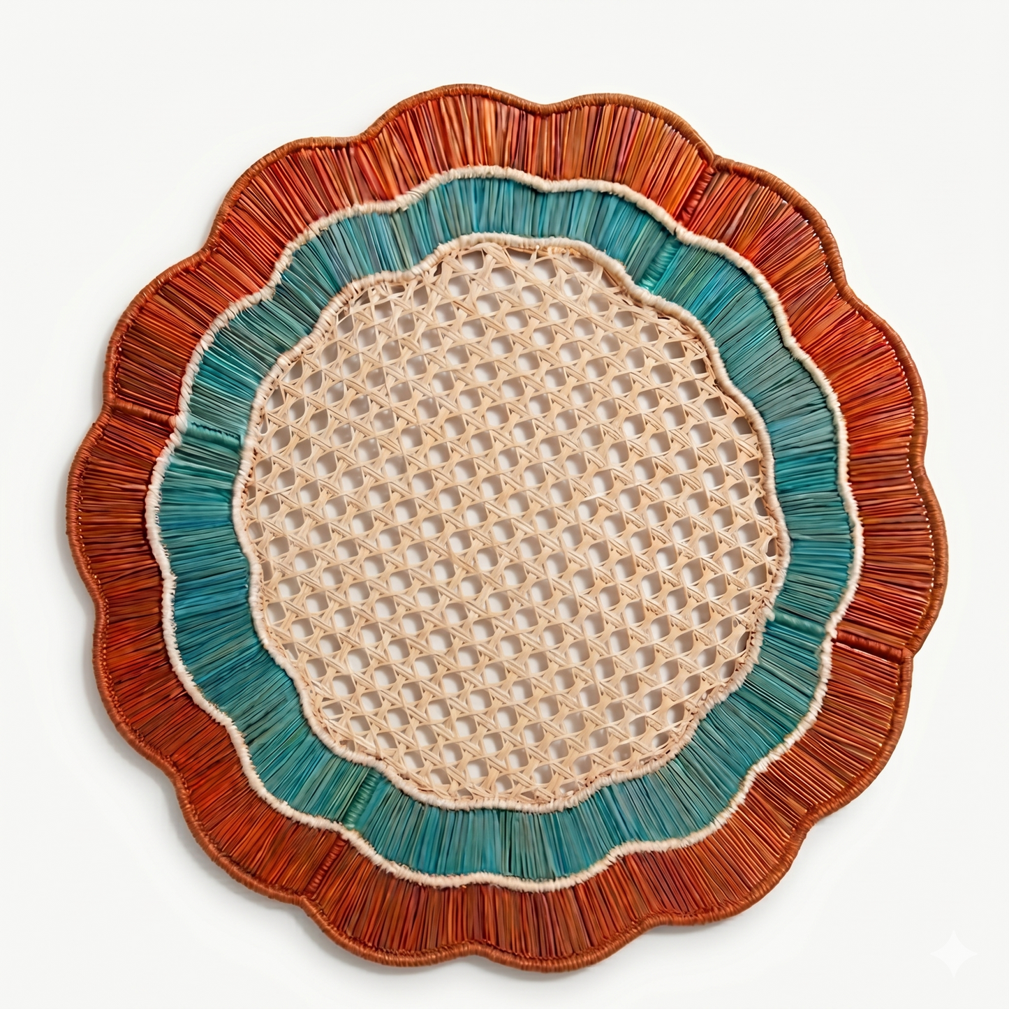 Decorative plate with wicker center and colorful rim on a white background
