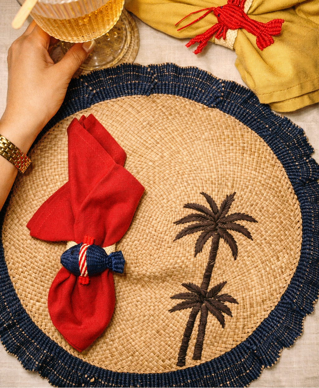 Moonlight Wave Ruffle Placemat Set of 2 | Palm Tree Coastal Decor | Handwoven Natural Fiber Table Setting