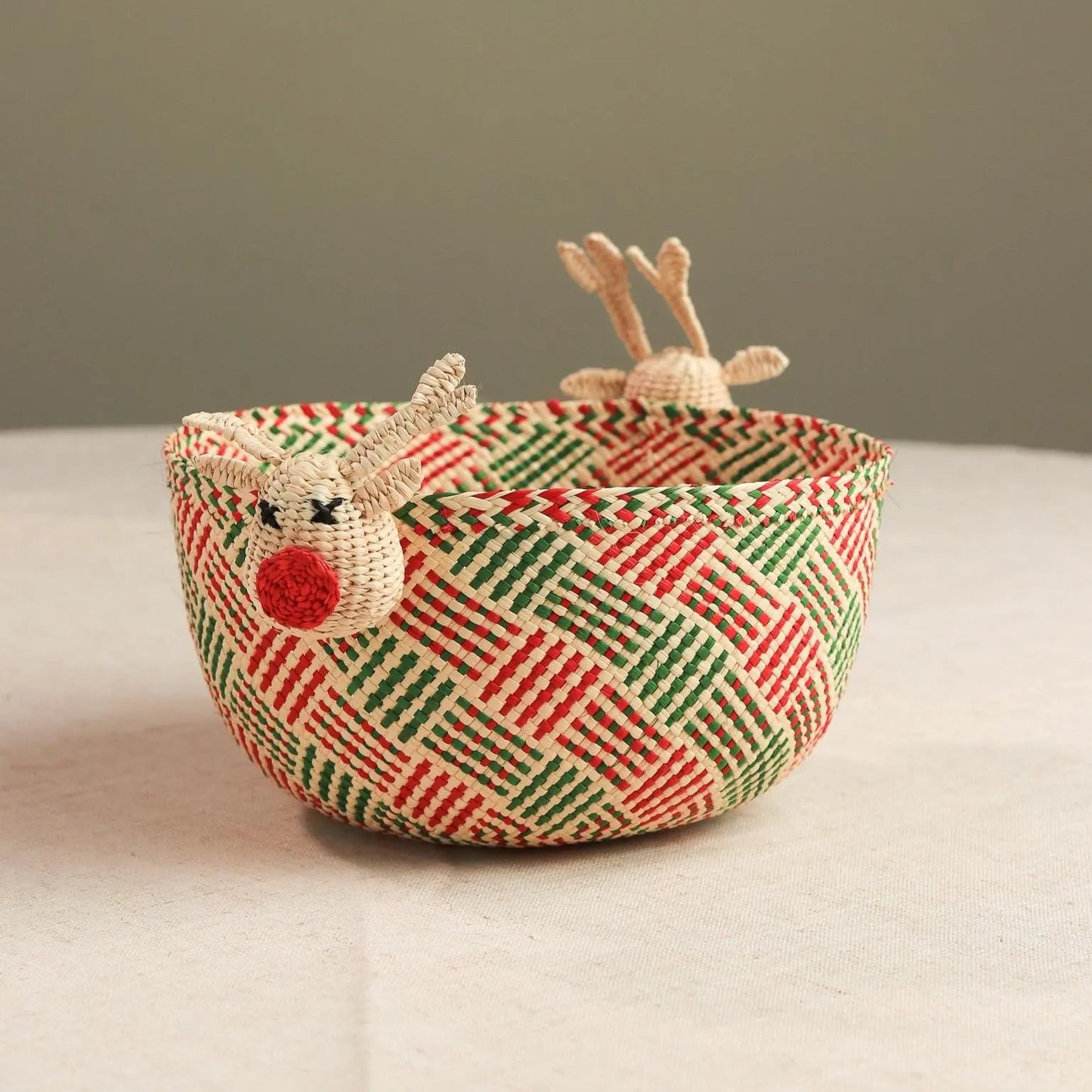 Rudolph Woven Basket Handmade in Iraca Palm for Christmas decor, rustic centerpiece