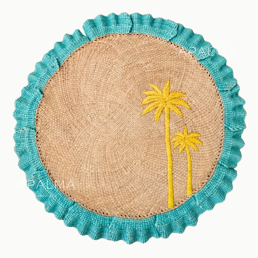 Sunrise Wave Ruffle Placemat Set of 2 | Tropical Palm Decor | Turquoise Coastal Table Setting | Handwoven Natural Fiber