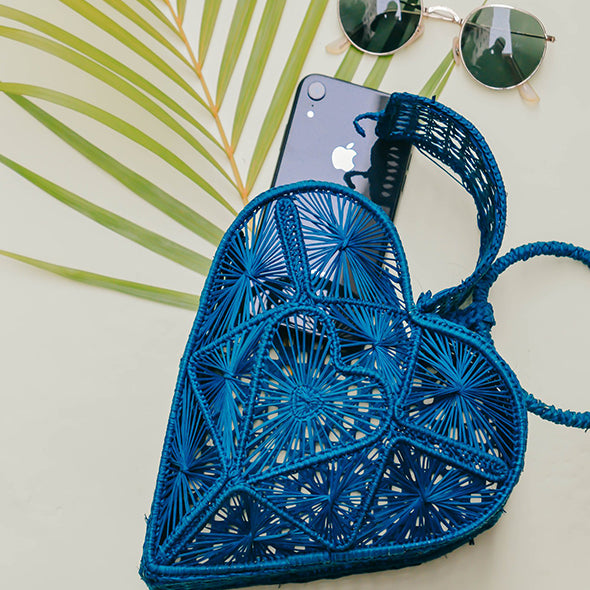 Straw Bag - Iraca Palm Handbag, Top Handle Purse - Heart Basket Turquoise
