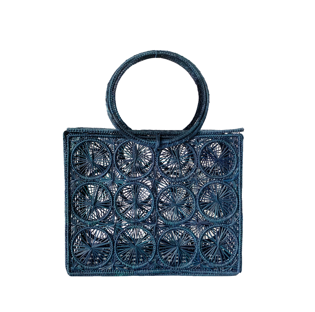 Straw Bag - Hand Woven Iraca Palm Bag, Top Handle Purse - Mambo Navy Blue