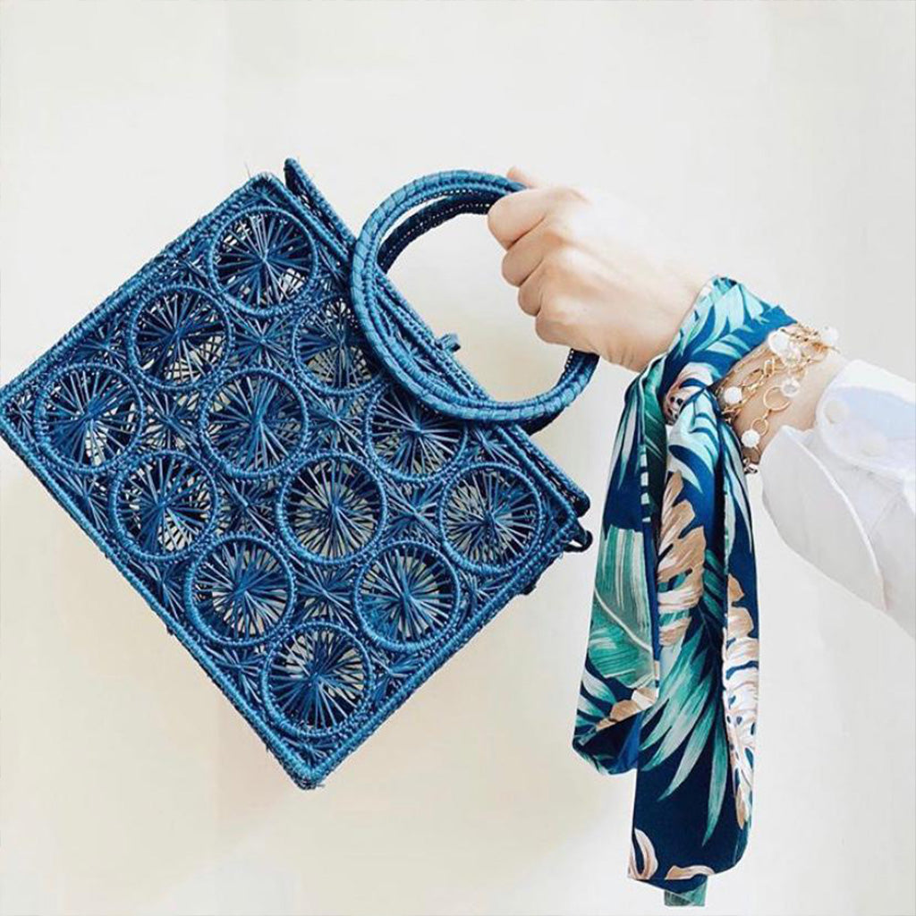Straw Bag - Hand Woven Iraca Palm Bag, Top Handle Purse - Mambo Navy Blue